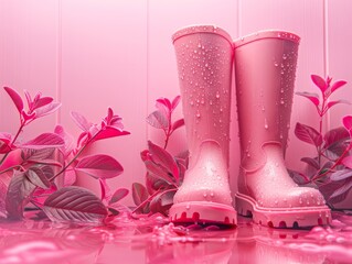 Rain boots in warm pink and magenta shades of autumn. Concept of beautiful and romantic autumn