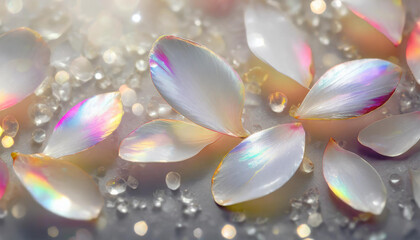 White petals with iridescent highlights against the precious clear background. Pearly and shimmering effect.