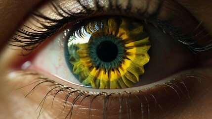 a close up of a person's eye with a bright green iris and yellow iris iris in the center of the iris of the eye, with a black circle around the eye and a white dot.