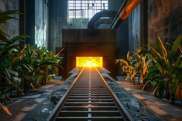 The juxtaposition of life and death: lush greenery flanks a fiery crematorium furnace within an industrial setting. Industrial Crematorium Furnace with Lush Green Plants