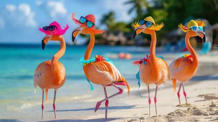 Four vibrant, orange flamingos stand on a sandy beach, each accessorized with colorful hats, sunglasses, and floral necklaces. The clear blue ocean and a sunny sky are in the background. - obrazy, fototapety, plakaty