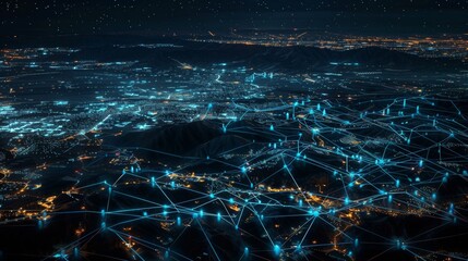 Night view of the city from space, glowing blue lights on global network connections and roads around it with connecting lines to other cities, glowing background, black sky, aerial view