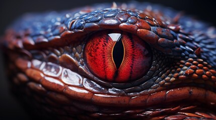 A close up of a snake eye: is a stunning photo macro with of an eyeball with a red iris and vertical slit shaped pupil and dark scaly skin. - obrazy, fototapety, plakaty