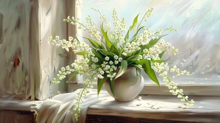 A Bouquet Of Lily-Of-The-Valley Flowers On A Windowsill In A Country House In The Spring Morning - obrazy, fototapety, plakaty