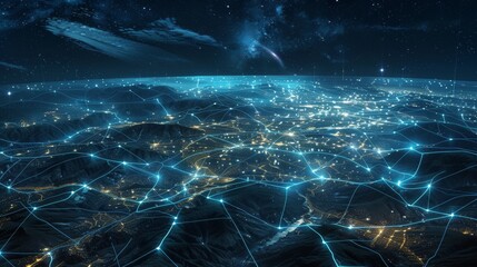 Night view of the city from space, glowing blue lights on global network connections and roads around it with connecting lines to other cities, glowing background, black sky, aerial view