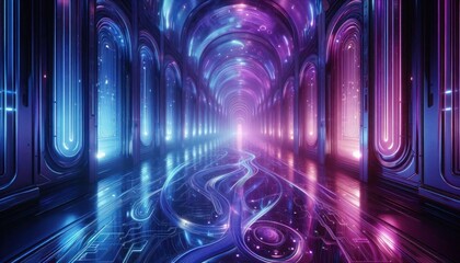 Abstract virtual reality Technology futuristic corridor background with purple and blue neon lights