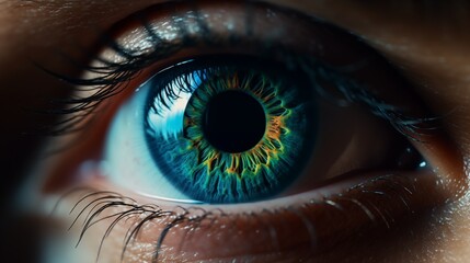 a closeup shoot to blue eyes. reflection at eyeball is clear. - obrazy, fototapety, plakaty