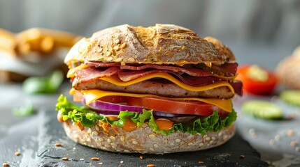 Delicious gourmet sandwich with meat, cheese, lettuce, tomato, and onion