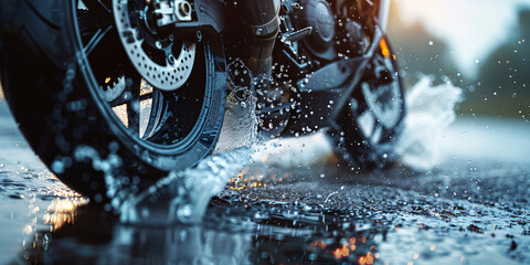 A motorcycle is in the rain, with water splashing up from the ground. Concept of adventure and excitement, as the rider braves the wet conditions - obrazy, fototapety, plakaty