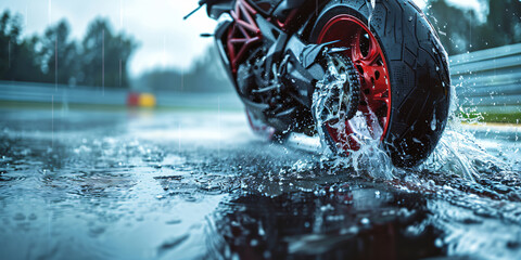 A motorcycle is in the rain, with water splashing up from the ground. Concept of adventure and excitement, as the rider braves the wet conditions