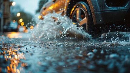 Close-up of car wheels navigating water on the road. Dynamic water splashes add energy to the scene, showcasing the vehicle's capability. - obrazy, fototapety, plakaty