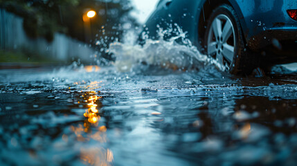 Close-up of car wheels navigating water on the road. Dynamic water splashes add energy to the scene, showcasing the vehicle's capability.