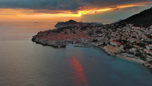 Aerial view of Dubrovnik at sunset, city in southern Croatia coast of Adriatic Sea, Europe, 4k