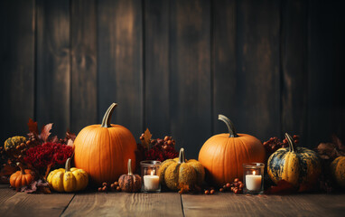 A wooden table is covered in a variety of pumpkins, creating a festive Thanksgiving display with plenty of fall colors and textures.