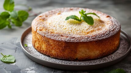 Sponge cake with powdered sugar and mint dessert on plate - obrazy, fototapety, plakaty