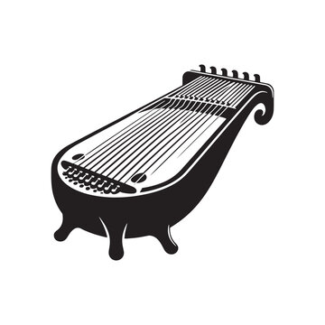 Musical Elegance: Detailed Zither Silhouette, Accompanied by Minimalist Vector Rendering, Zither Illustration - Minimallest Zither Vector
