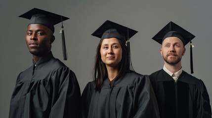 Three university professors of different races in black academic caps look at the camera while standing and in robes on a gray background