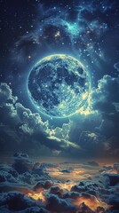 Bright Moon Illuminating the Night Sky - obrazy, fototapety, plakaty