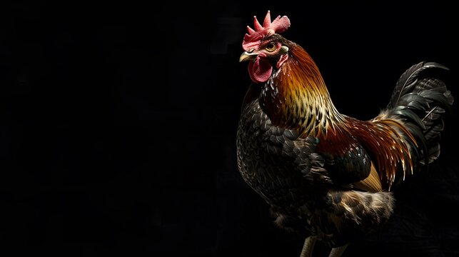 portrait of a chicken, photo studio set up with key light, isolated with black background and copy space 