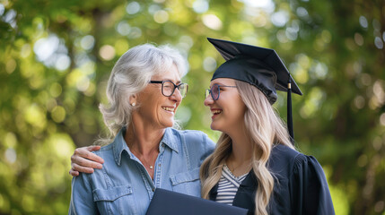 Joyful mother congratulates and hugs her daughter, a university graduate dressed in a black cap and gown, at the university graduation ceremony.