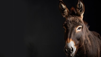 portrait of a donkey, photo studio set up with key light, isolated with black background and copy space 