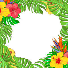 Floral template of tropical red and yellow flowers and leaves, hand drawn illustration on a white background. Exotic flowers and monstera leaves. Design for invitation, greeting card and banner.