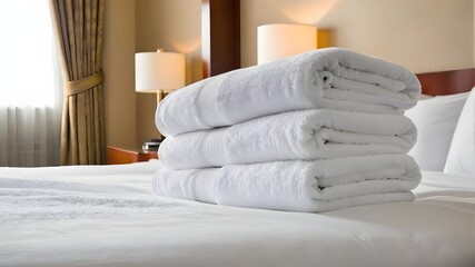 Fototapeta na wymiar Fresh Towels Stack on Bed in Hotel Room: Comfort, Cleanliness, and Hospitality