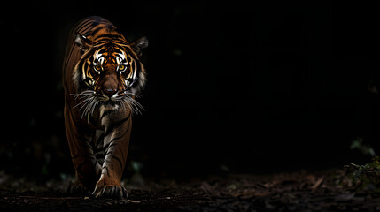 A majestic tiger walking slowly towards the camera, dark mystical background, powerful mammal - obrazy, fototapety, plakaty