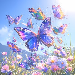 Vibrant Butterfly Swarm with Pastel Colors and Sunlight, Perfect for Nature or Fantasy-Themed Designs