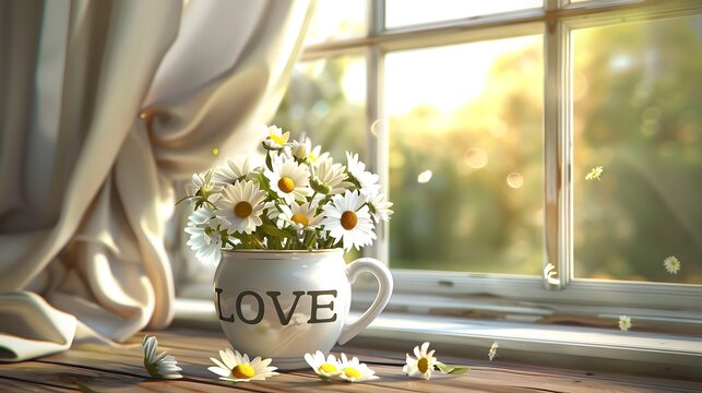 A cup-shaped vase with the word love filled with daisies in front of a window
