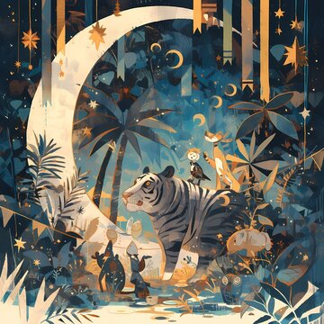 Strikingly Beautiful Magical Zoo at Night: A Playful and Enchanting Artwork for Stock Use