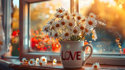 A cup-shaped vase with the word love filled with daisies in front of a window - obrazy, fototapety, plakaty
