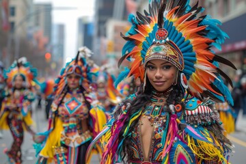 Naklejka premium Woman in Colorful Headdress Smiles for Camera