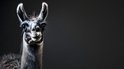 portrait of a happy lama, photo studio set up with key light, isolated with black background and copy space 