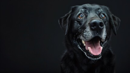 portrait of a happy smiling black labrador dog, photo studio set up with key light, isolated with...