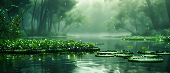 Serene River in a Mysterious Forest, Tranquil Nature Landscape with Reflections and Fog, Beauty of the Wilderness at Dawn