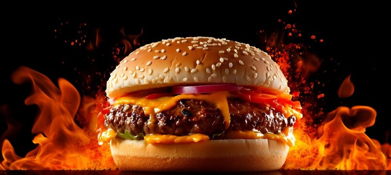 Sumptuous Sizzle: Mouthwatering Grilled Burger Delightfully Adorned with Fresh Ingredients, Perfect for Your Next BBQ Bash or Restaurant Banner