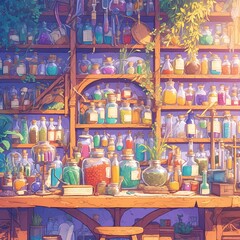 Magical Crafting Sanctuary - An alchemist's workshop brimming with colorful potions and elixirs.