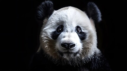 portrait of a happy smiling panda bear, photo studio set up with key light, isolated with black...