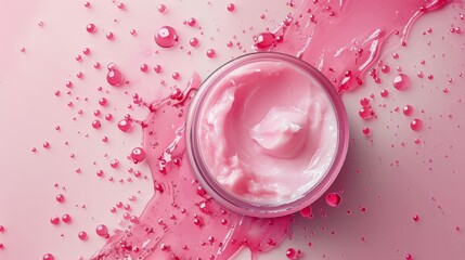 Top view of pink skincare cream splashed - obrazy, fototapety, plakaty