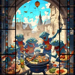 A whimsical gathering of adorable extraterrestrials partaking in an outdoor feast under the enchanting sky. A magical tableau for fantasy enthusiasts and artistic expressions.