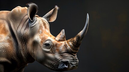 portrait of a rhino, photo studio set up with key light, isolated with black background and copy space