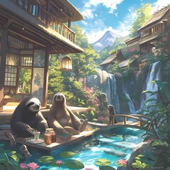 Luxurious Sloth Sanctuary in a Serene Forest Setting with Waterfall and Traditional Japanese Architecture - obrazy, fototapety, plakaty