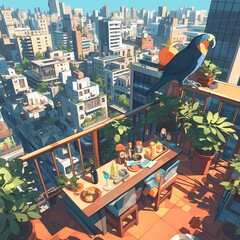 Splendid Cityscape with Birds and Plants on a Balcony