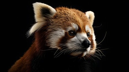 portrait of a sad red panda bear, photo studio set up with key light, isolated with black...