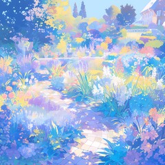 Fototapeta na wymiar Winding Brick Walkway in Botanical Wonderland with Sunlit Iris Blossoms and Lush Landscaping