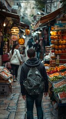 Fototapeta premium Man Walking Through Market With Backpack