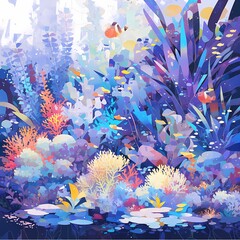 Fototapeta na wymiar Vibrant Aquatic Life in a Neon Reef Aquarium: A Dive into Colorful Marine Creatures and Plants