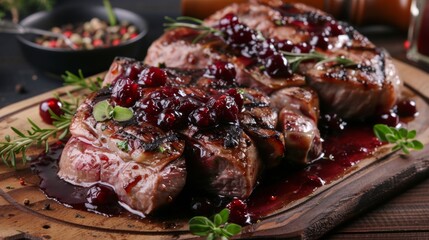 Grilled meat with lingonberry sauce. Lingonberries give the meat a bright taste and delicate aroma.