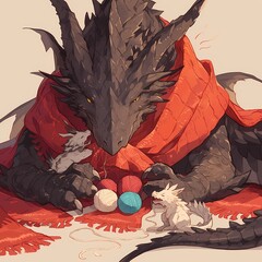 Fantasy Stock Art: A Group of Friendly Dragons Engage in Cute Knitting Activity with Feline Friends
